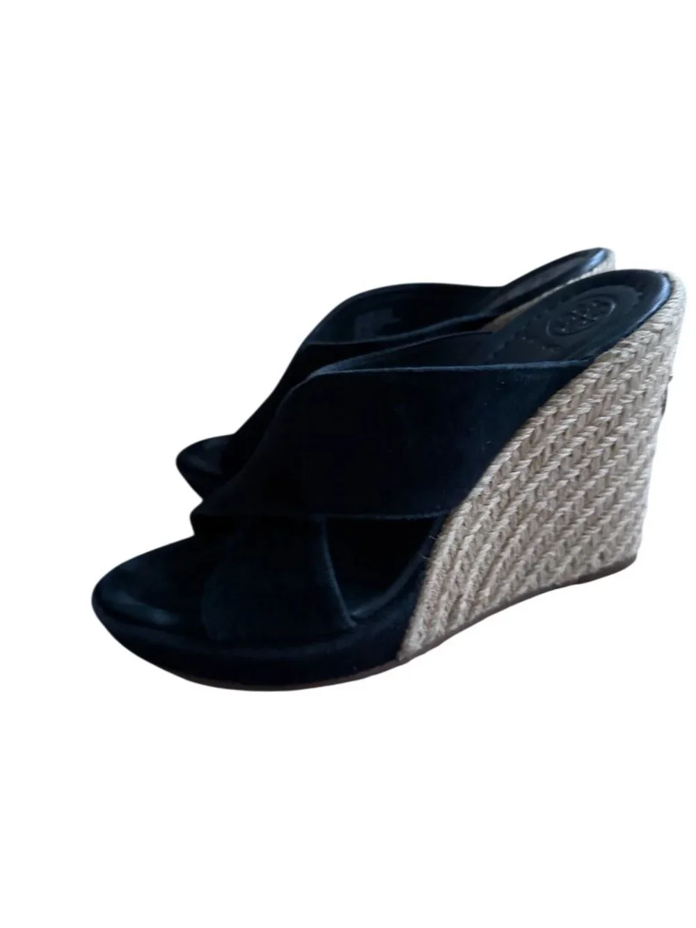 TORY BURCH Black Suede Espadrille Wedges Size 7